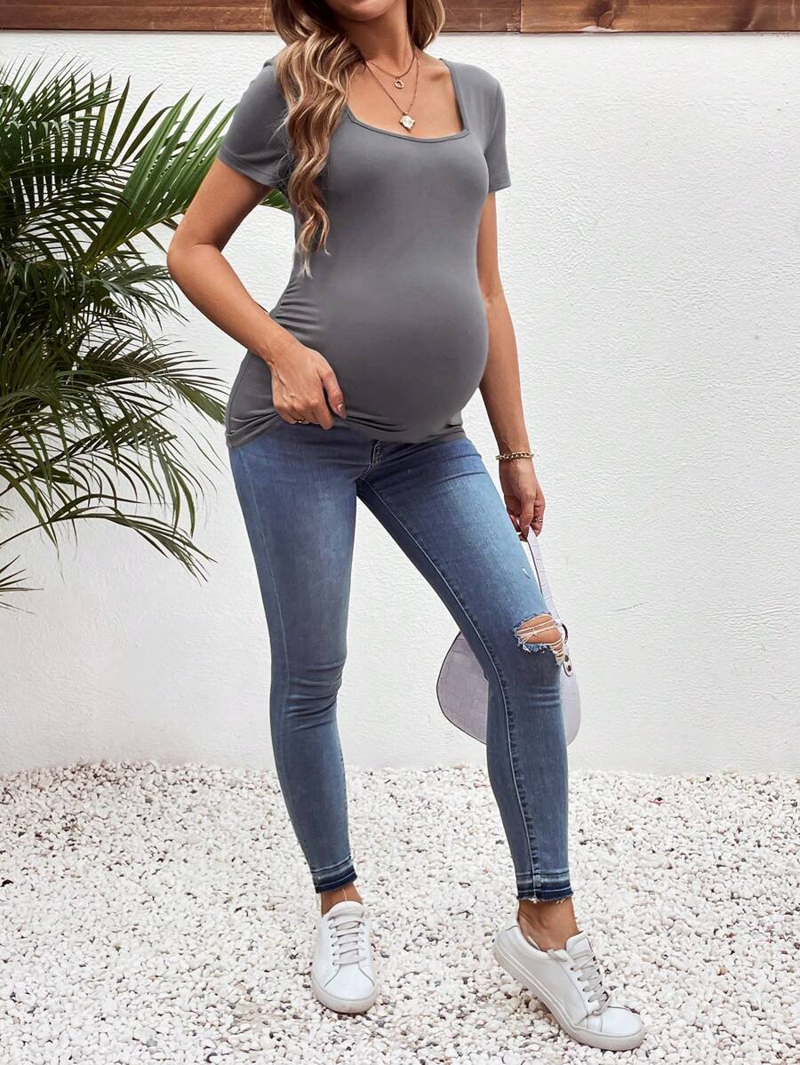 3-Piece Maternity Ribbed Knit Short Sleeve T-Shirt Set - Black White Gray Scoop Neck Fitted Pregnancy Basics