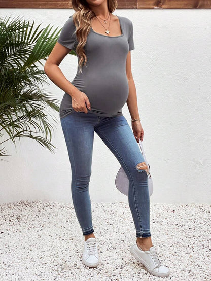 3-Piece Maternity Ribbed Knit Short Sleeve T-Shirt Set - Black White Gray Scoop Neck Fitted Pregnancy Basics