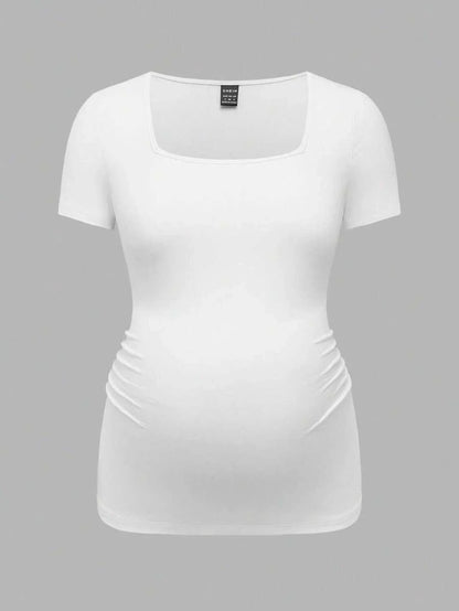 3-Piece Maternity Ribbed Knit Short Sleeve T-Shirt Set - Black White Gray Scoop Neck Fitted Pregnancy Basics