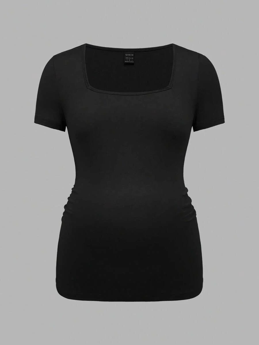 3-Piece Maternity Ribbed Knit Short Sleeve T-Shirt Set - Black White Gray Scoop Neck Fitted Pregnancy Basics