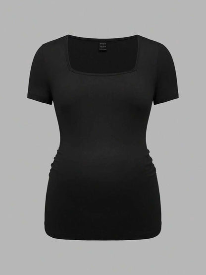 3-Piece Maternity Ribbed Knit Short Sleeve T-Shirt Set - Black White Gray Scoop Neck Fitted Pregnancy Basics