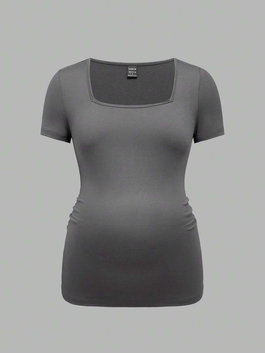 3-Piece Maternity Ribbed Knit Short Sleeve T-Shirt Set - Black White Gray Scoop Neck Fitted Pregnancy Basics