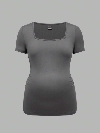 3-Piece Maternity Ribbed Knit Short Sleeve T-Shirt Set - Black White Gray Scoop Neck Fitted Pregnancy Basics