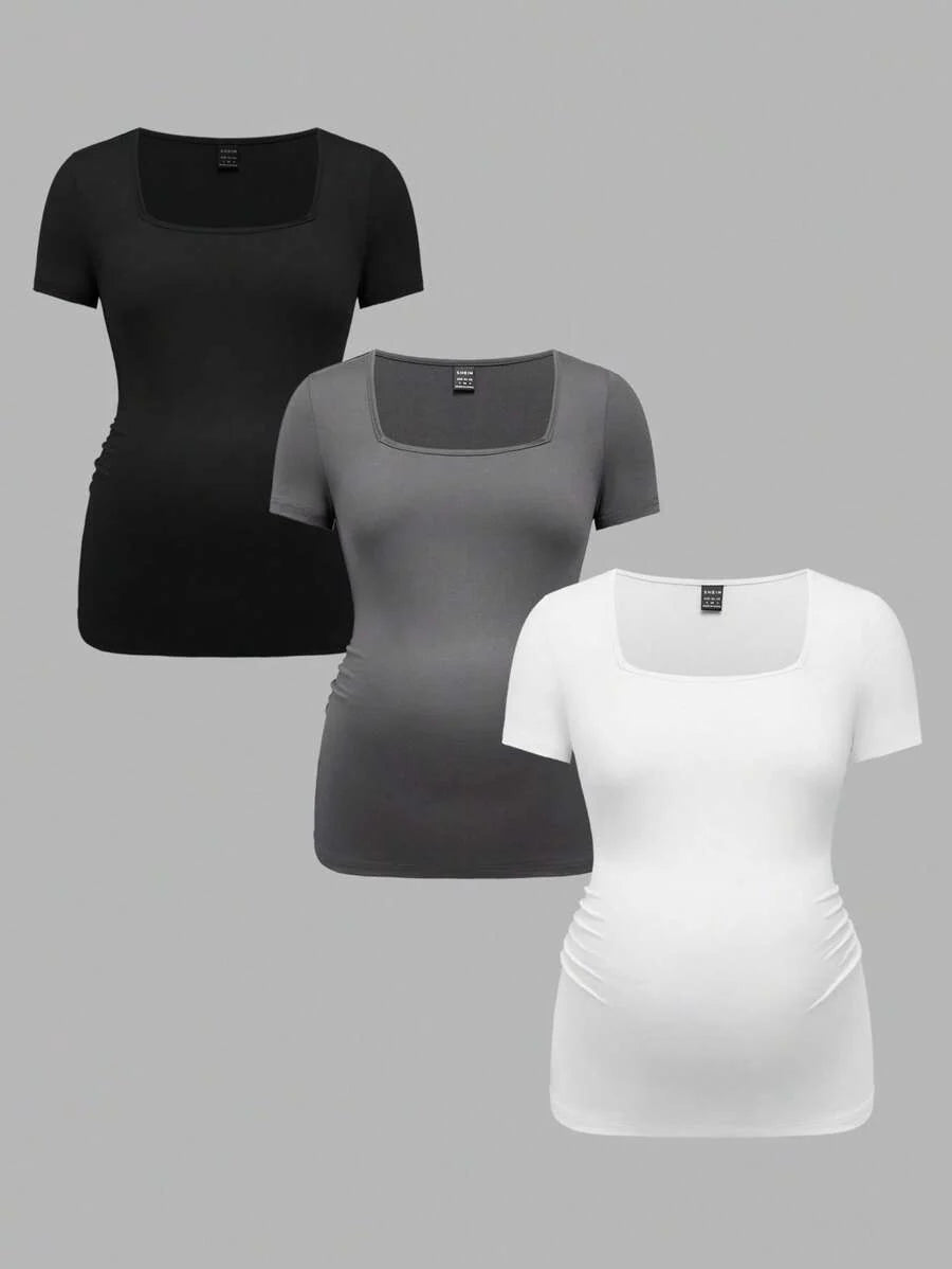 3-Piece Maternity Ribbed Knit Short Sleeve T-Shirt Set - Black White Gray Scoop Neck Fitted Pregnancy Basics