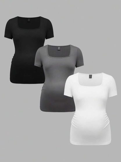 3-Piece Maternity Ribbed Knit Short Sleeve T-Shirt Set - Black White Gray Scoop Neck Fitted Pregnancy Basics