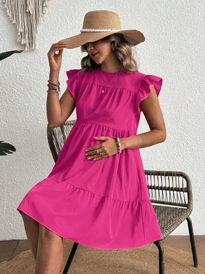 Maternity Casual High Waist Smock Dress with Flounce Cap Sleeves and Ruffle Hem in Hot Pink