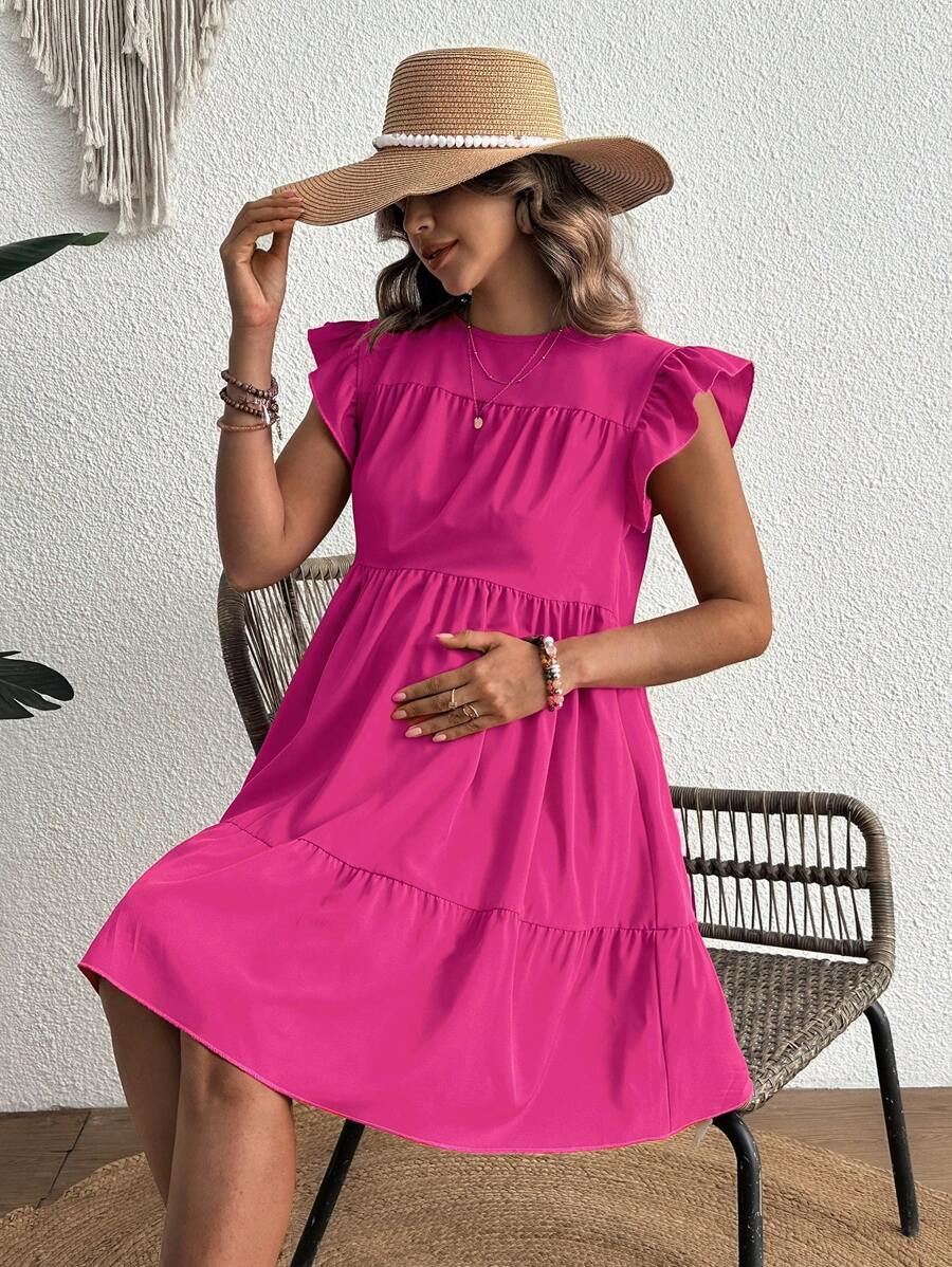 Maternity Casual High Waist Smock Dress with Flounce Cap Sleeves and Ruffle Hem in Hot Pink