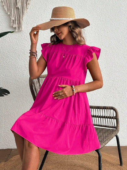 Maternity Casual High Waist Smock Dress with Flounce Cap Sleeves and Ruffle Hem in Hot Pink