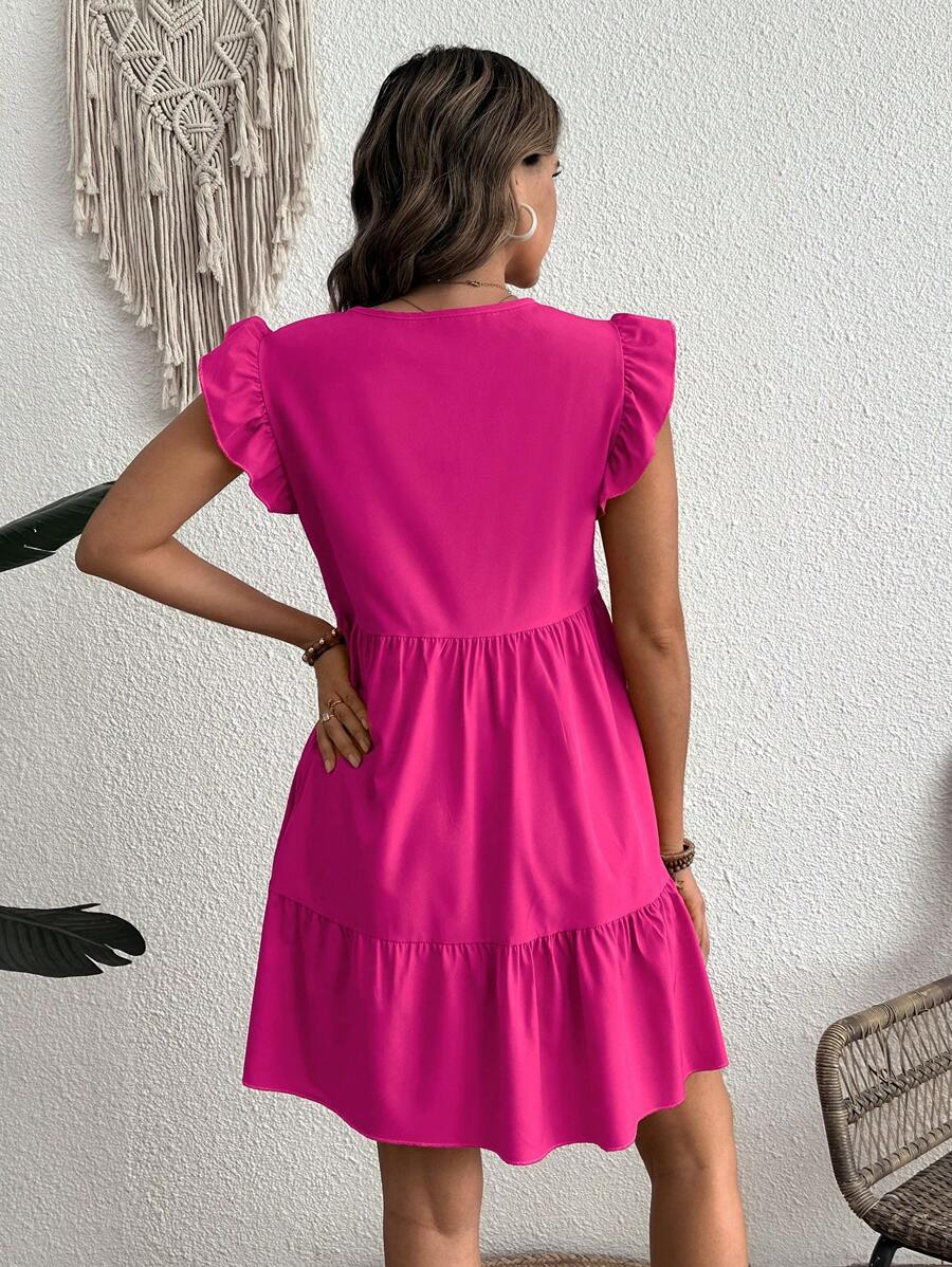 Maternity Casual High Waist Smock Dress with Flounce Cap Sleeves and Ruffle Hem in Hot Pink