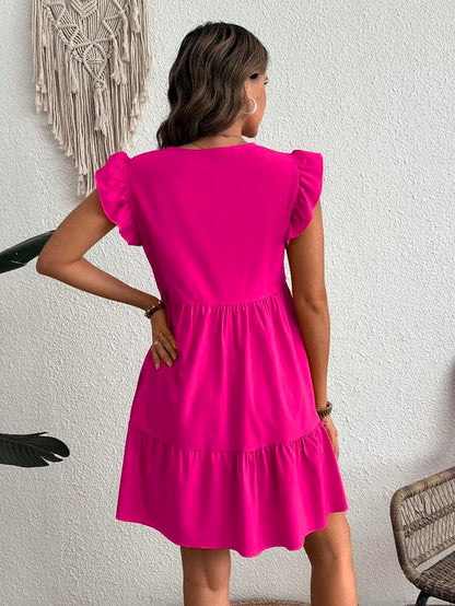 Maternity Casual High Waist Smock Dress with Flounce Cap Sleeves and Ruffle Hem in Hot Pink