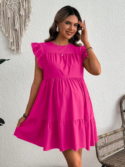 Maternity Casual High Waist Smock Dress with Flounce Cap Sleeves and Ruffle Hem in Hot Pink