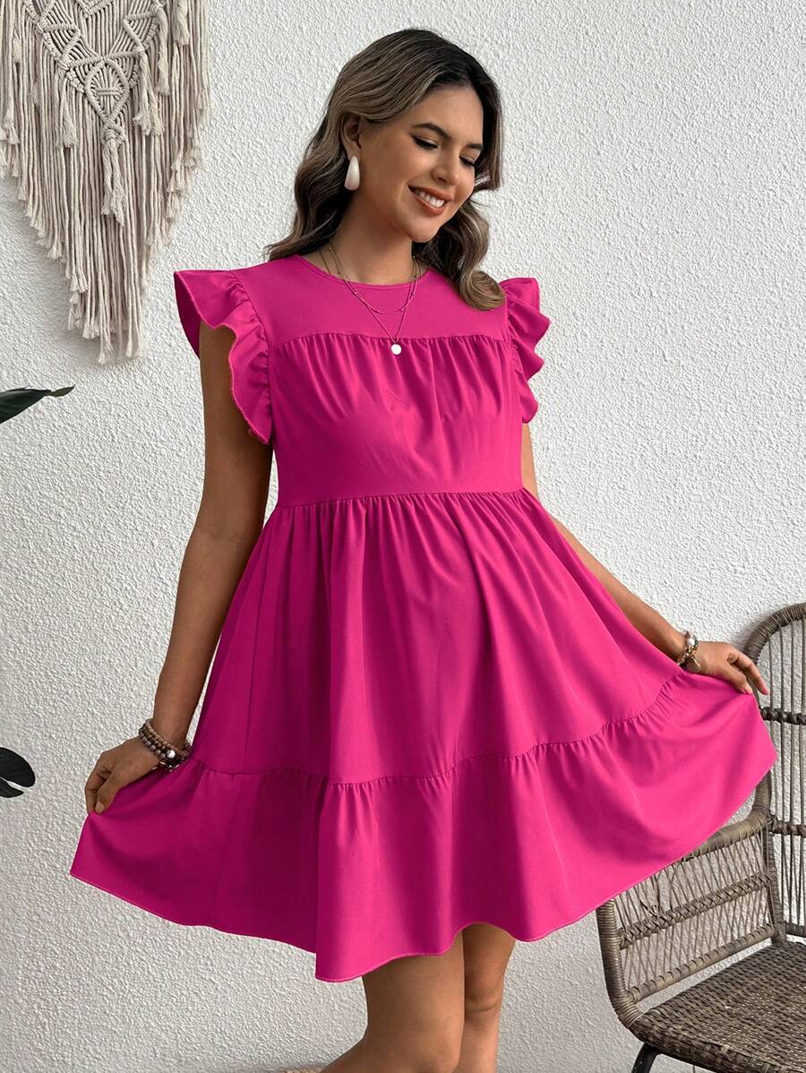 Maternity Casual High Waist Smock Dress with Flounce Cap Sleeves and Ruffle Hem in Hot Pink