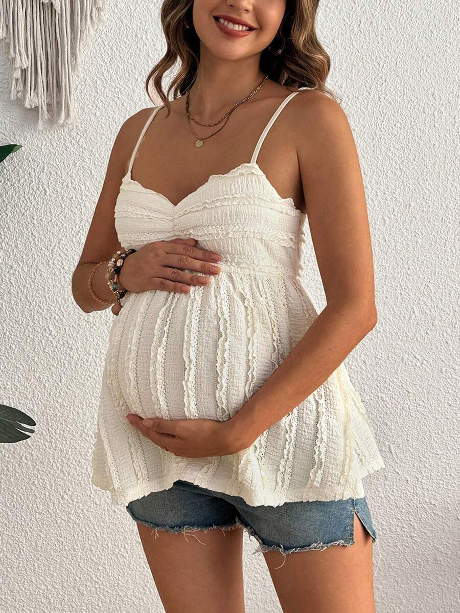 Pleated Lace Maternity Camisole - Apricot Slim Fit Ruched Spaghetti Strap Knitted Cami Top for Daily Wear