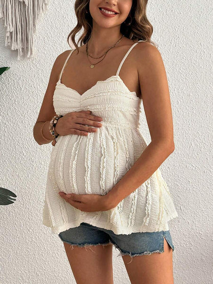 Pleated Lace Maternity Camisole - Apricot Slim Fit Ruched Spaghetti Strap Knitted Cami Top for Daily Wear
