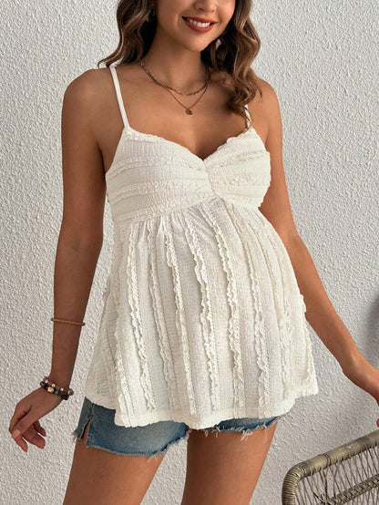 Pleated Lace Maternity Camisole - Apricot Slim Fit Ruched Spaghetti Strap Knitted Cami Top for Daily Wear