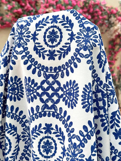 Maternity Boho Sleeveless Round Neck Ruffle Hem Mini Smock Dress in Blue and White for Summer Vacation