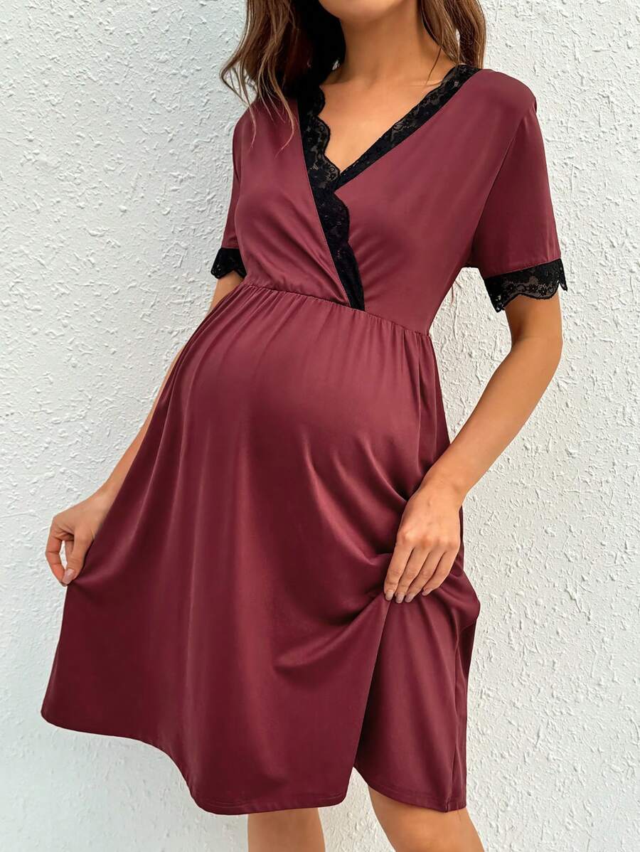 Maternity Nursing Dress - V-Neck Short Sleeve Contrast Lace, Pink