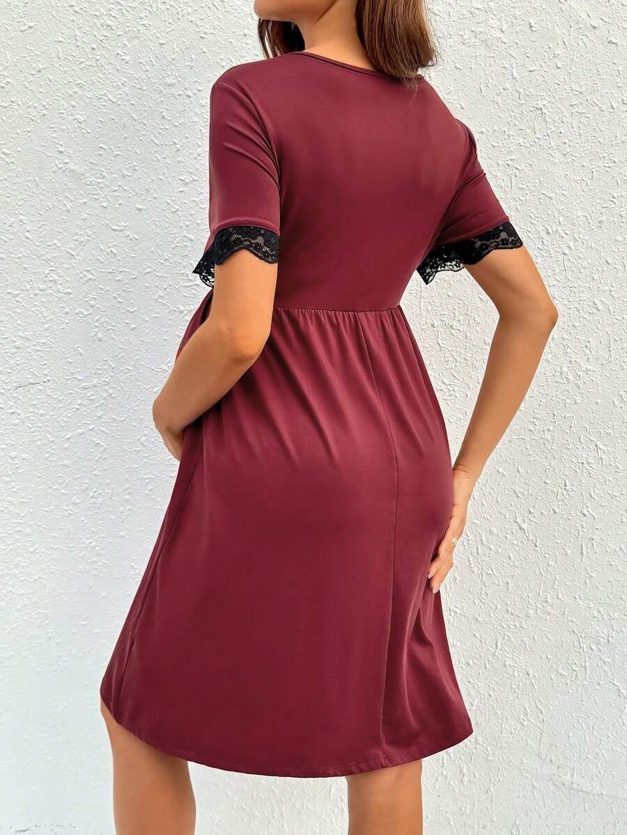 Maternity Nursing Dress - V-Neck Short Sleeve Contrast Lace, Pink