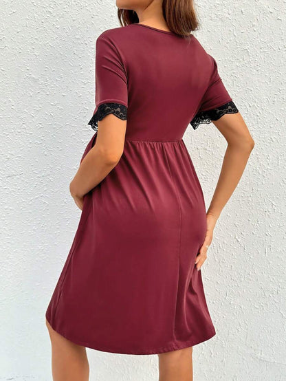 Maternity Nursing Dress - V-Neck Short Sleeve Contrast Lace, Pink