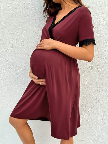 Maternity Nursing Dress - V-Neck Short Sleeve Contrast Lace, Pink