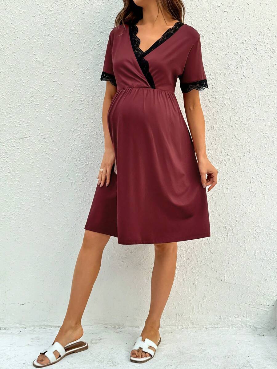 Maternity Nursing Dress - V-Neck Short Sleeve Contrast Lace, Pink