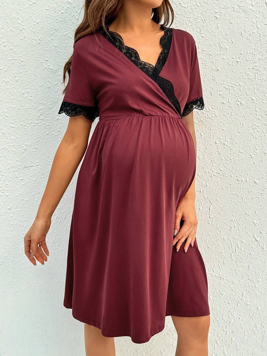Maternity Nursing Dress - V-Neck Short Sleeve Contrast Lace, Pink