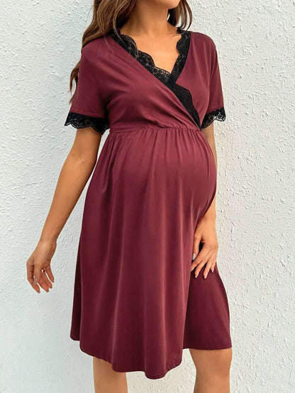 Maternity Nursing Dress - V-Neck Short Sleeve Contrast Lace, Pink