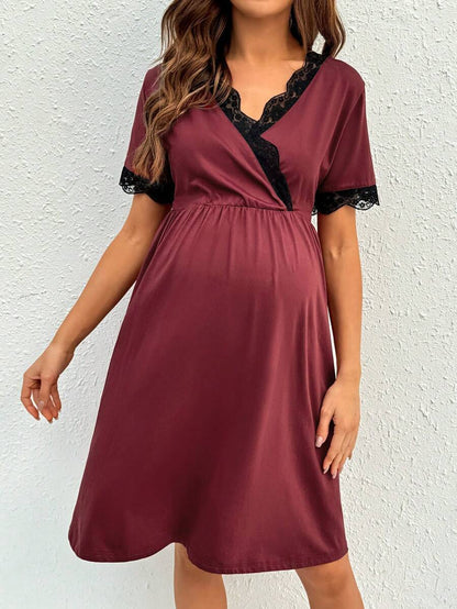 Maternity Nursing Dress - V-Neck Short Sleeve Contrast Lace, Pink
