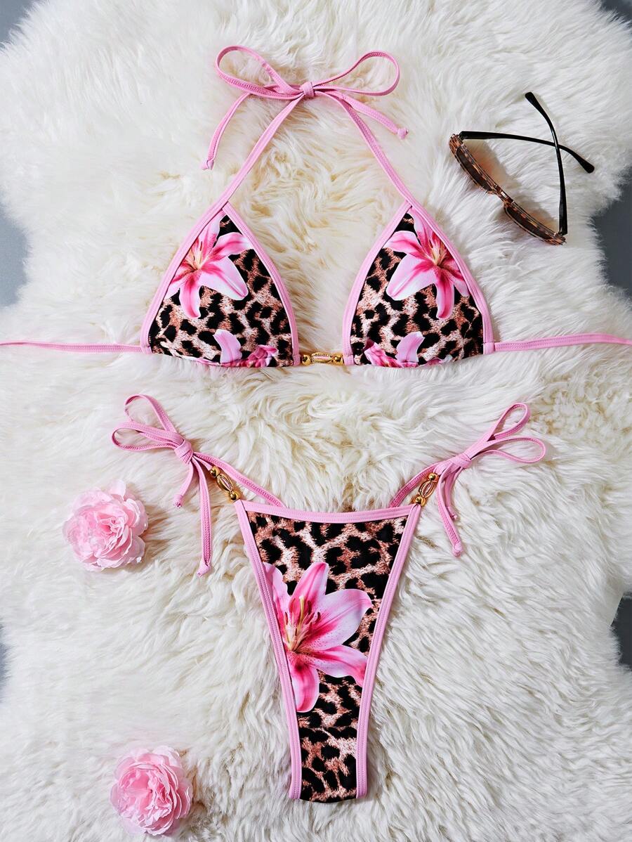Women's 2-Piece Halter Bikini Set - Metallic Floral & Leopard Print, Triangle Cup, Baby Blue