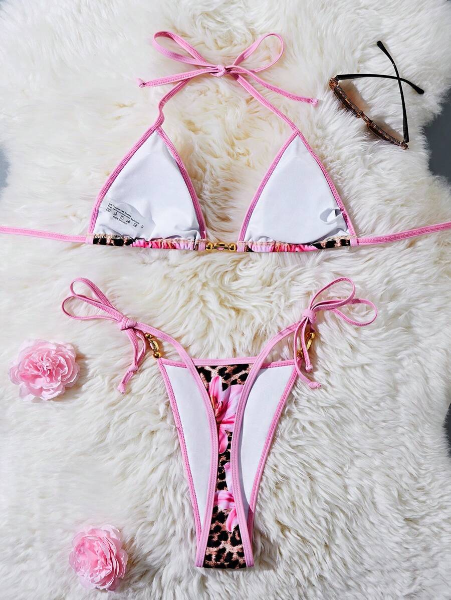 Women's 2-Piece Halter Bikini Set - Metallic Floral & Leopard Print, Triangle Cup, Baby Blue