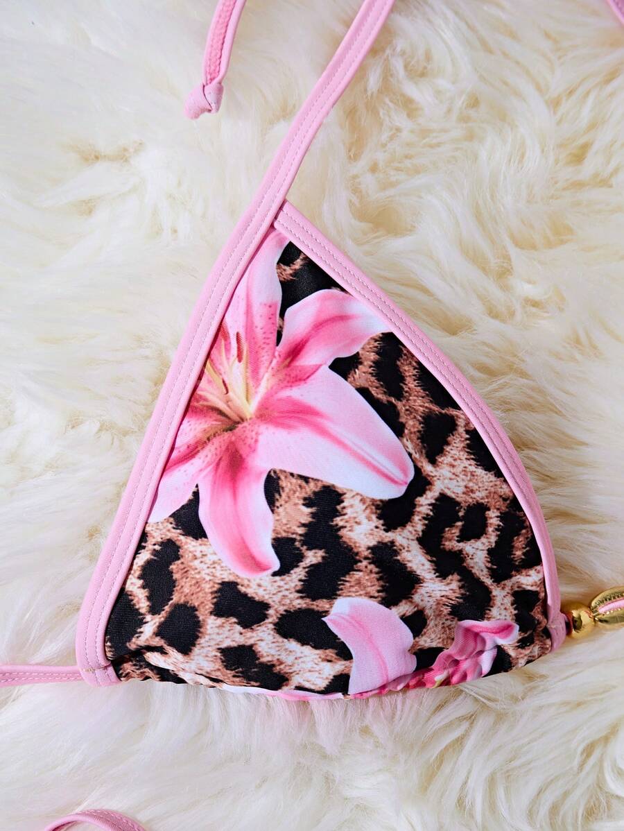 Women's 2-Piece Halter Bikini Set - Metallic Floral & Leopard Print, Triangle Cup, Baby Blue