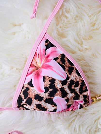 Women's 2-Piece Halter Bikini Set - Metallic Floral & Leopard Print, Triangle Cup, Baby Blue