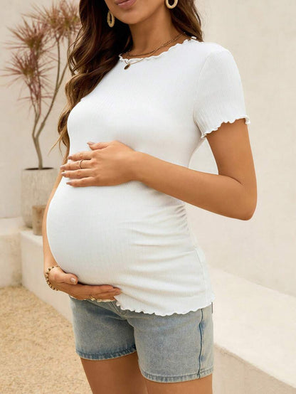 Maternity White Ribbed Summer Top - Lettuce-Edge Form-Fitting Short Sleeve
