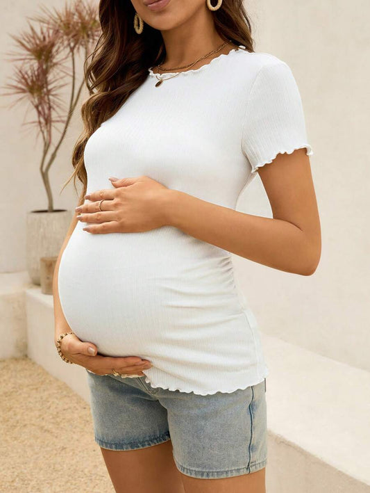 Maternity White Ribbed Summer Top - Lettuce-Edge Form-Fitting Short Sleeve
