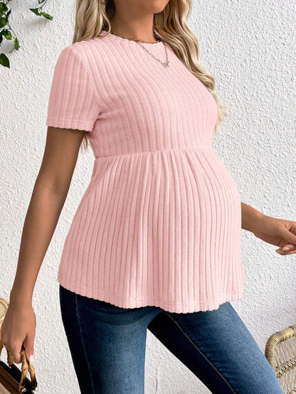 Baby Blue Maternity Ribbed Peplum Long Sleeve T-Shirt - Slim Fit Ruffle Hem Knit Maternity Top for Casual Daily Wear