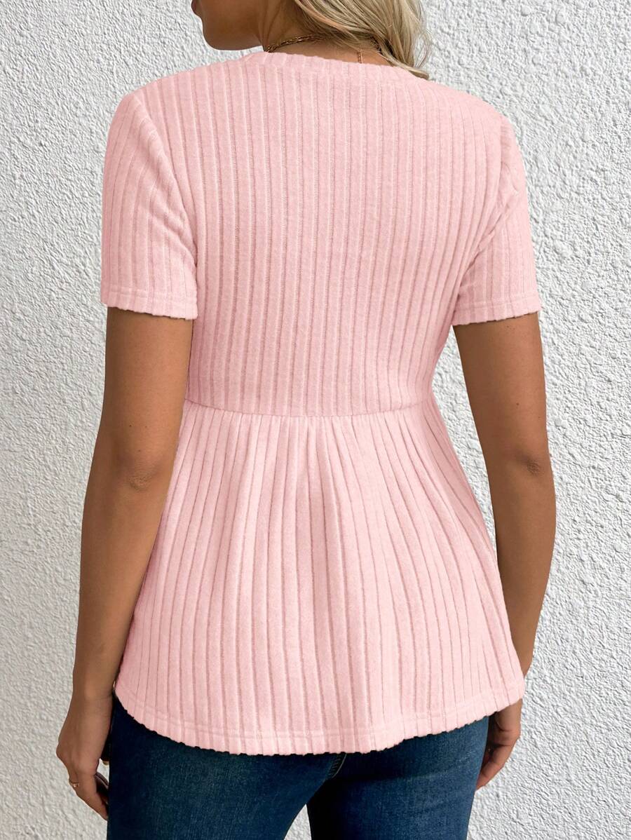 Baby Blue Maternity Ribbed Peplum Long Sleeve T-Shirt - Slim Fit Ruffle Hem Knit Maternity Top for Casual Daily Wear