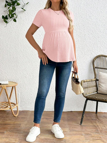 Baby Blue Maternity Ribbed Peplum Long Sleeve T-Shirt - Slim Fit Ruffle Hem Knit Maternity Top for Casual Daily Wear