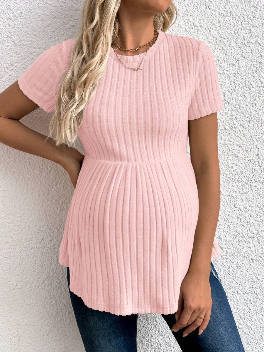 Baby Blue Maternity Ribbed Peplum Long Sleeve T-Shirt - Slim Fit Ruffle Hem Knit Maternity Top for Casual Daily Wear