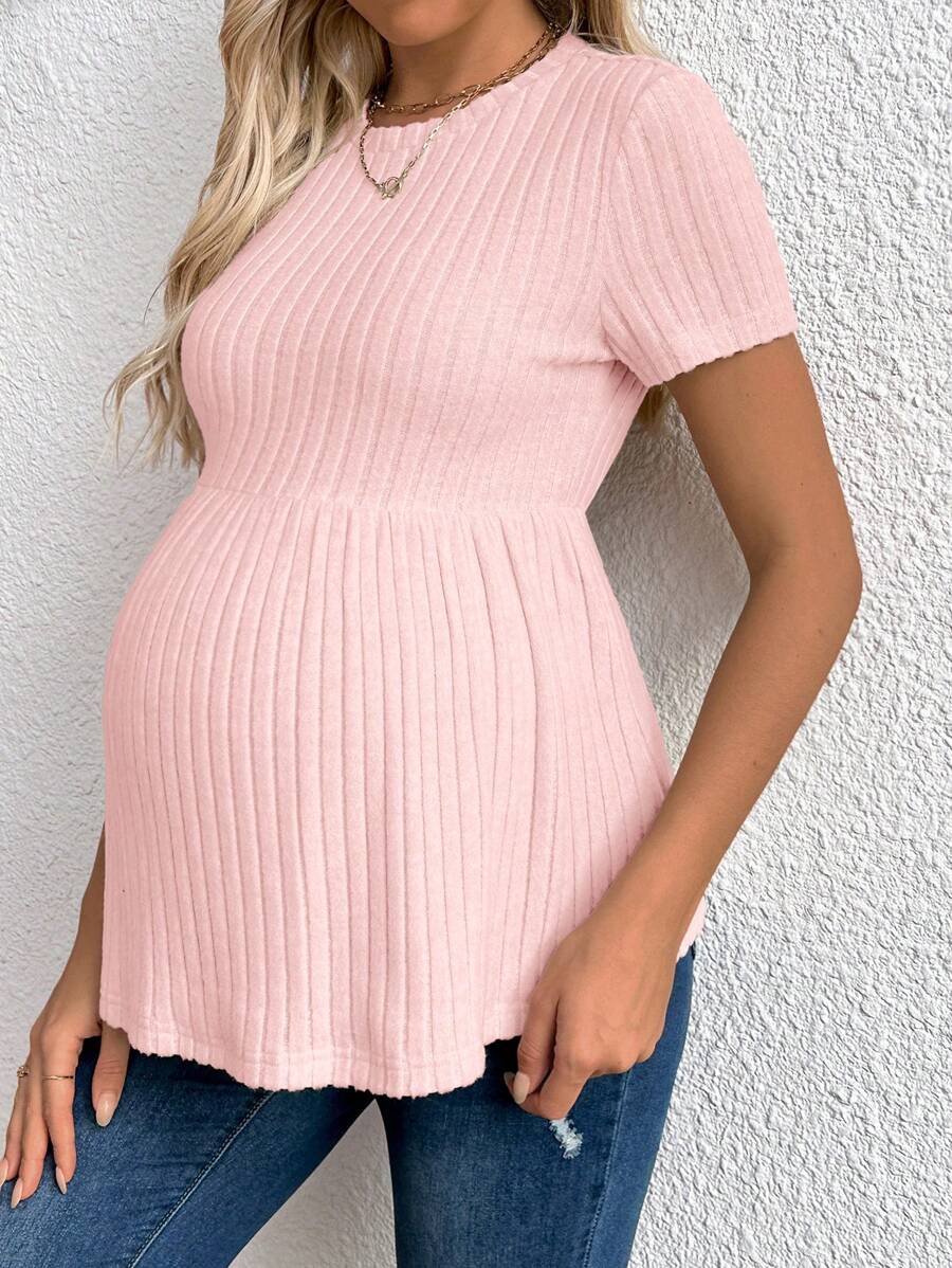 Baby Blue Maternity Ribbed Peplum Long Sleeve T-Shirt - Slim Fit Ruffle Hem Knit Maternity Top for Casual Daily Wear