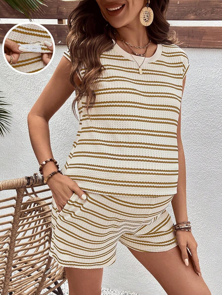Maternity 2-Piece Striped Patchwork Loungewear Set Round Neck Batwing Sleeve Top and Adjustable Waist Shorts