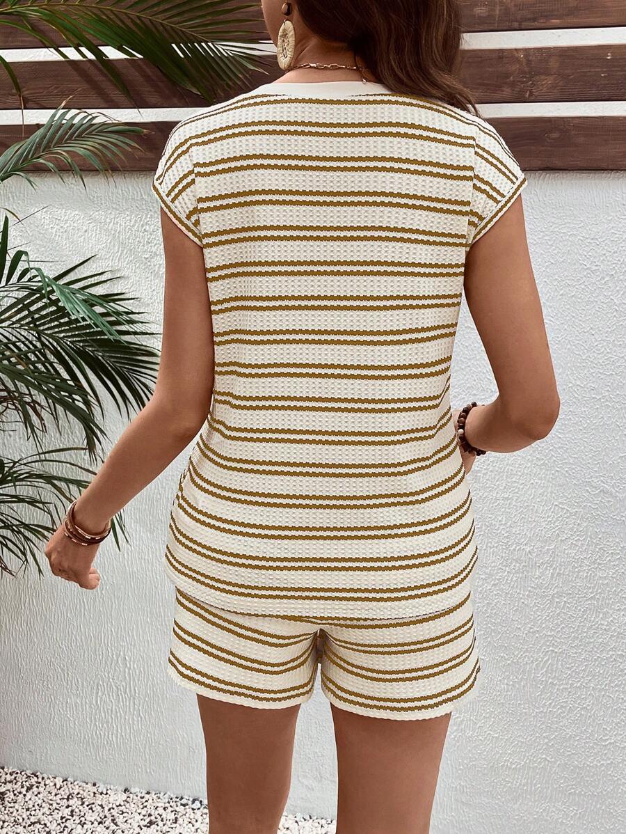 Maternity 2-Piece Striped Patchwork Loungewear Set Round Neck Batwing Sleeve Top and Adjustable Waist Shorts
