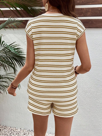 Maternity 2-Piece Striped Patchwork Loungewear Set Round Neck Batwing Sleeve Top and Adjustable Waist Shorts