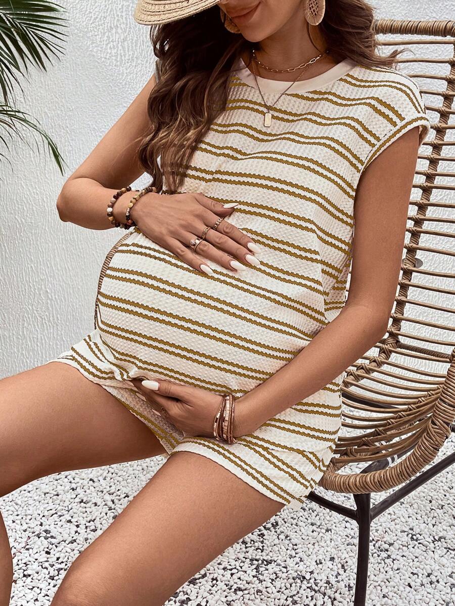Maternity 2-Piece Striped Patchwork Loungewear Set Round Neck Batwing Sleeve Top and Adjustable Waist Shorts