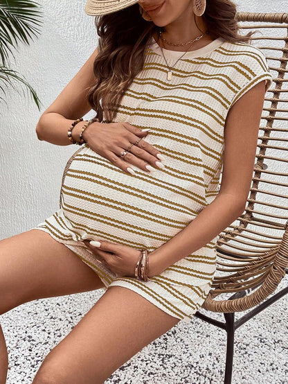 Maternity 2-Piece Striped Patchwork Loungewear Set Round Neck Batwing Sleeve Top and Adjustable Waist Shorts