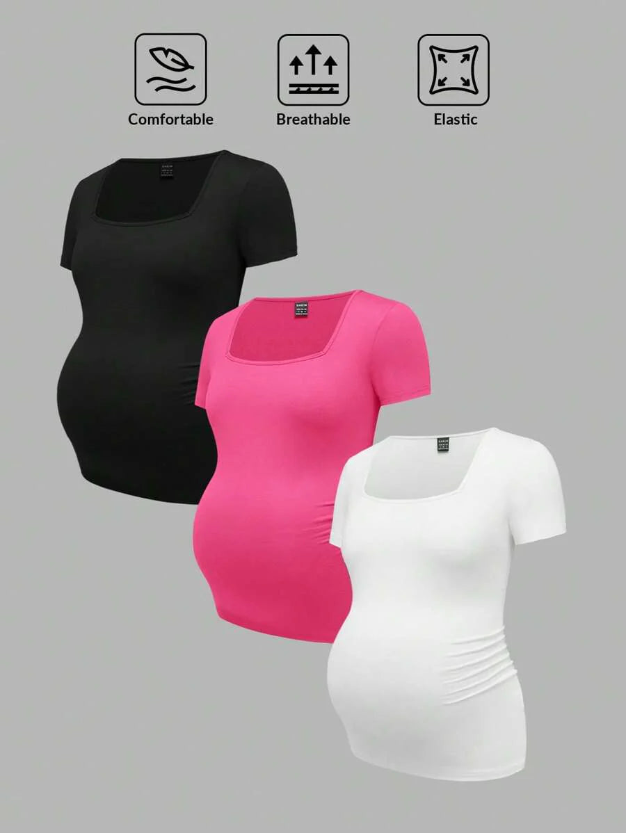 3-Piece Maternity Ribbed Knit Short Sleeve T-Shirt Set - Black White Gray Scoop Neck Fitted Pregnancy Basics