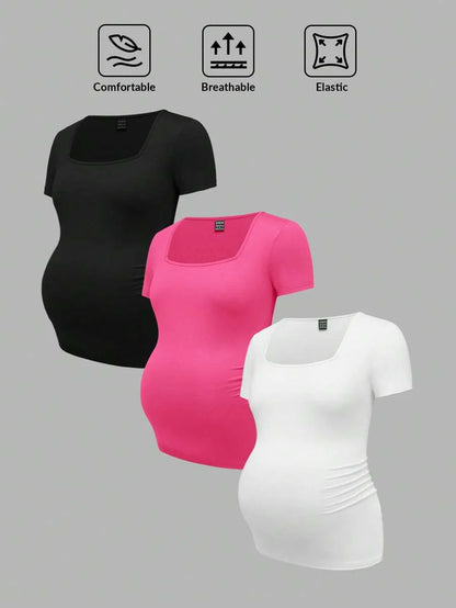 3-Piece Maternity Ribbed Knit Short Sleeve T-Shirt Set - Black White Gray Scoop Neck Fitted Pregnancy Basics