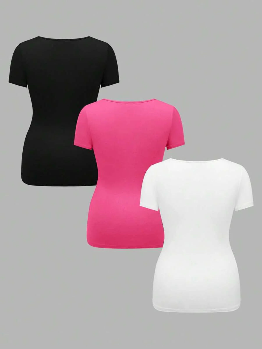 3-Piece Maternity Ribbed Knit Short Sleeve T-Shirt Set - Black White Gray Scoop Neck Fitted Pregnancy Basics