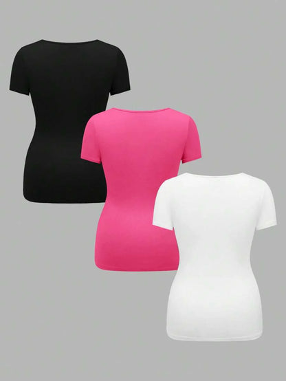 3-Piece Maternity Ribbed Knit Short Sleeve T-Shirt Set - Black White Gray Scoop Neck Fitted Pregnancy Basics
