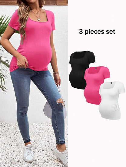 3-Piece Maternity Ribbed Knit Short Sleeve T-Shirt Set - Black White Gray Scoop Neck Fitted Pregnancy Basics