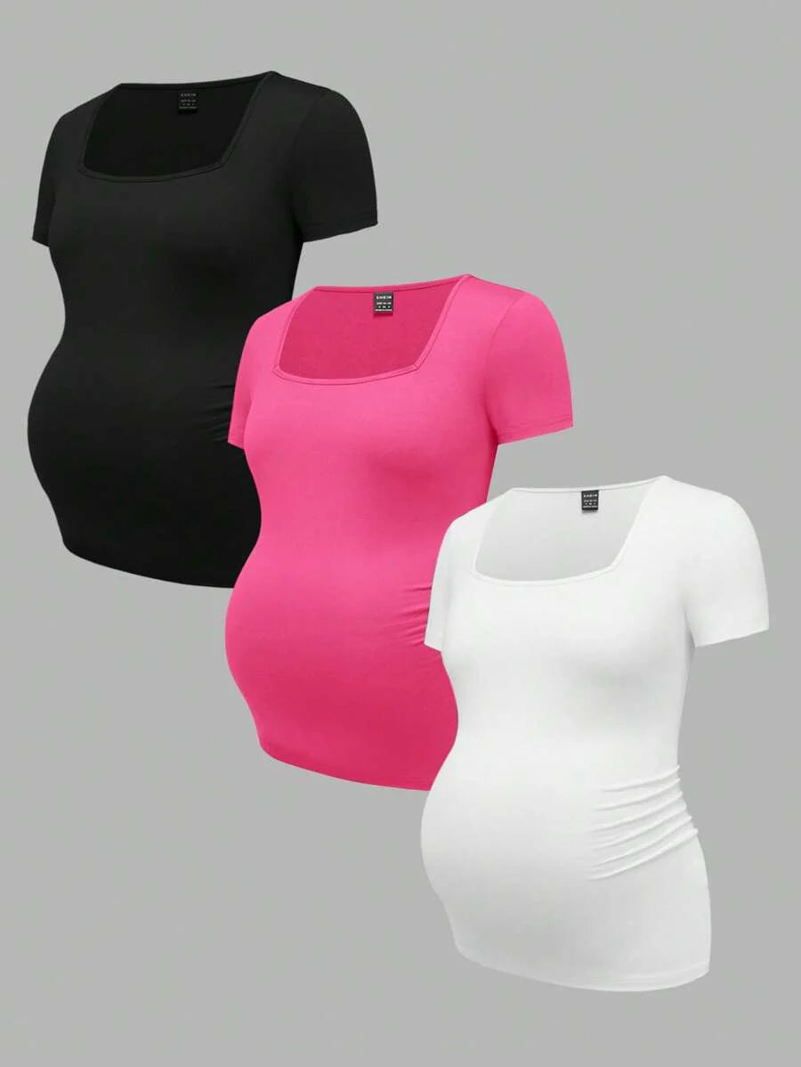 3-Piece Maternity Ribbed Knit Short Sleeve T-Shirt Set - Black White Gray Scoop Neck Fitted Pregnancy Basics